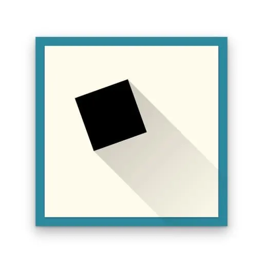 Black square casting a long shadow on a cream background with a teal border.