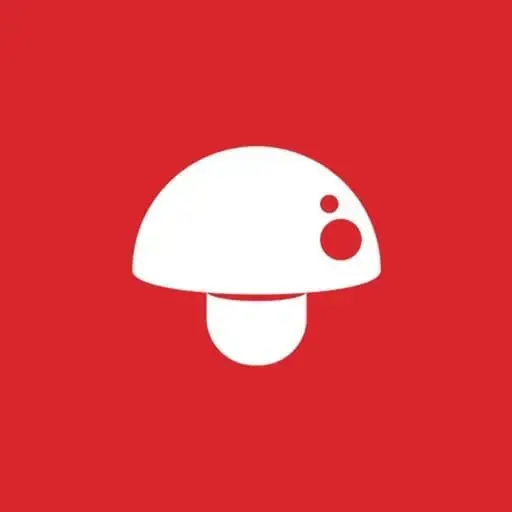White mushroom icon on a red background.