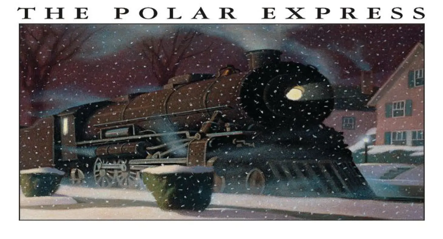 The Polar Express book cover art shows a steam train in the snow.