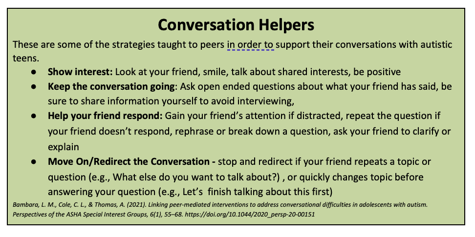 List of strategies to help peers support conversations with autistic teens.