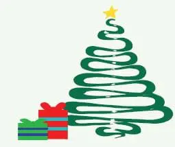 A stylized green Christmas tree with presents.