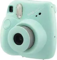 Turquoise instant camera with Instax Mini text.