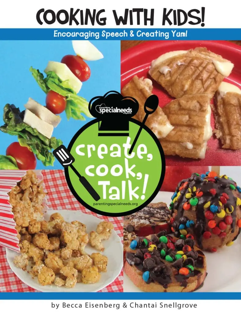 Cooking with Kids! Encouraging Speech & Creating You!" cookbook cover featuring fresh vegetables, french toast, cereal bars, and decorated apples.