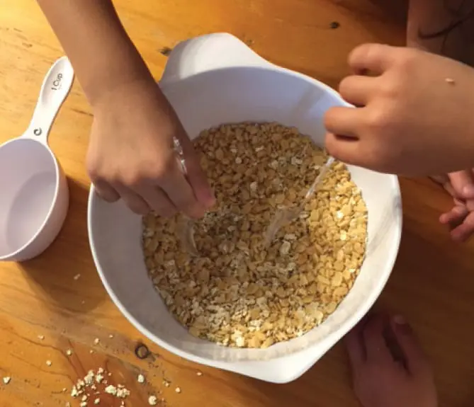 Hands adding ingredients to a bowl of oats and other dry goods.
