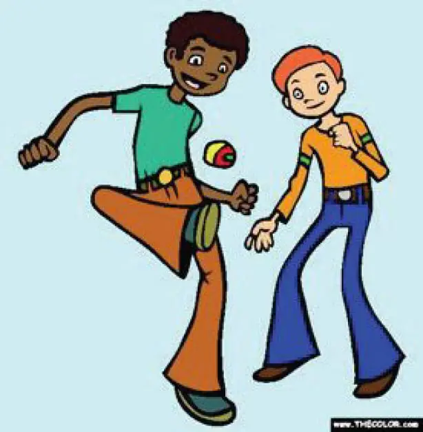Two cartoon boys playing with a hacky sack