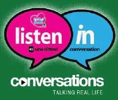 Conversations logo with two speech bubbles, one pink saying "listen unedited" and one blue saying "in conversation.