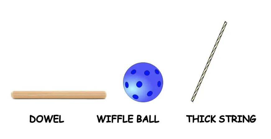 Dowel, wiffle ball, and thick string for stick kickball