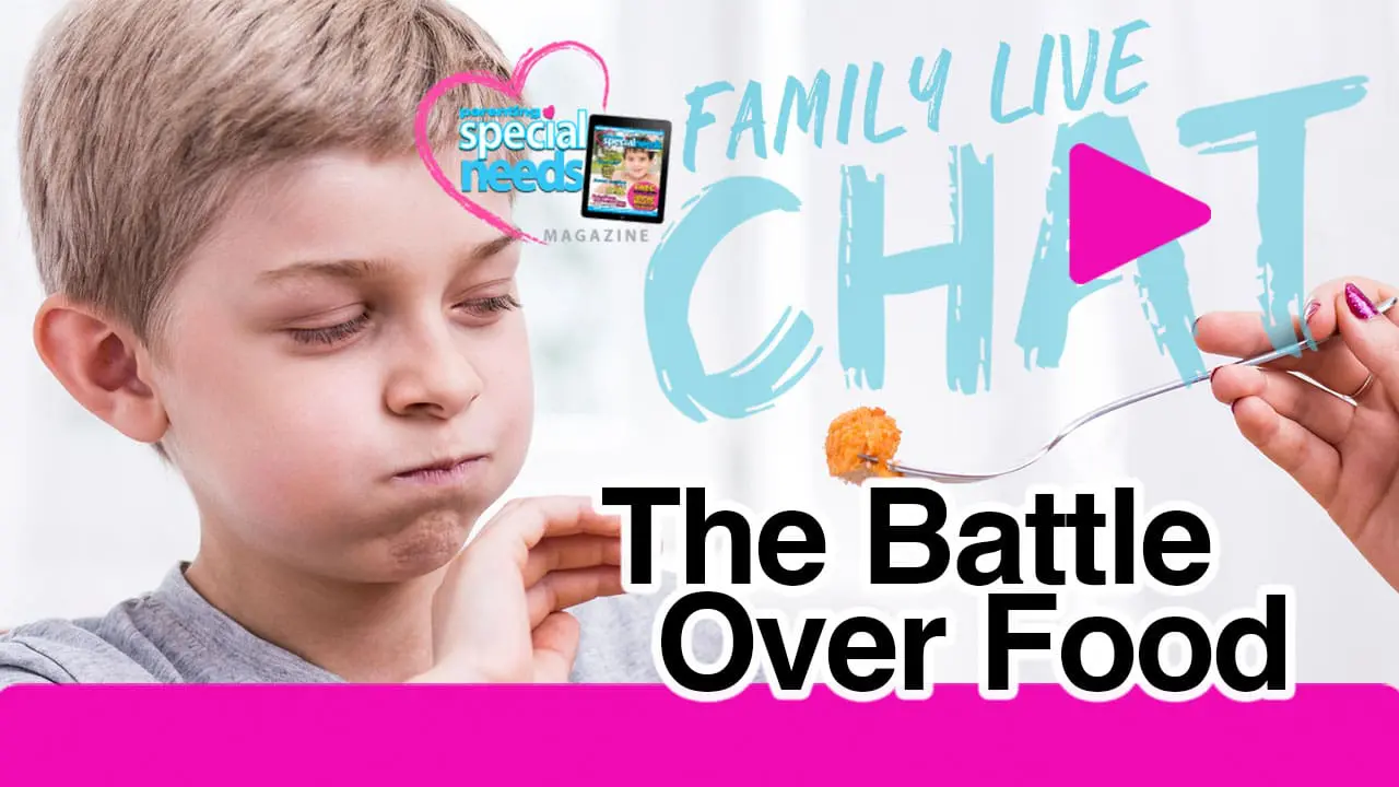Child expressing discomfort while being offered food on a fork, promoting a family live chat about the battle over food.
