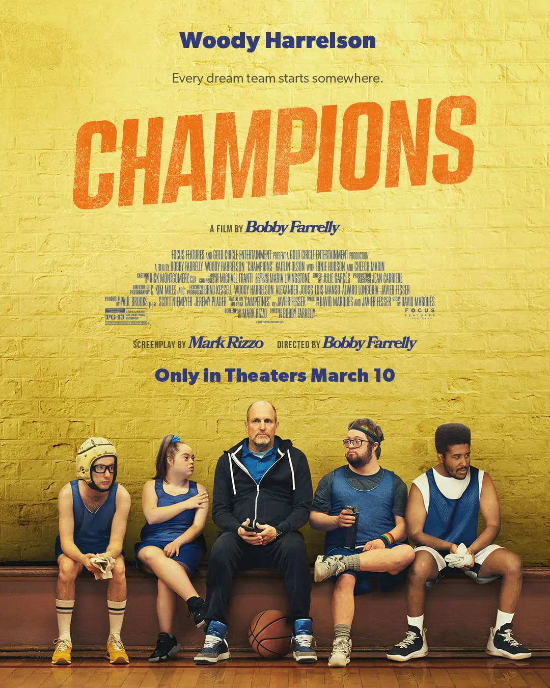 Poster for the movie Champions featuring Woody Harrelson and a team of players.