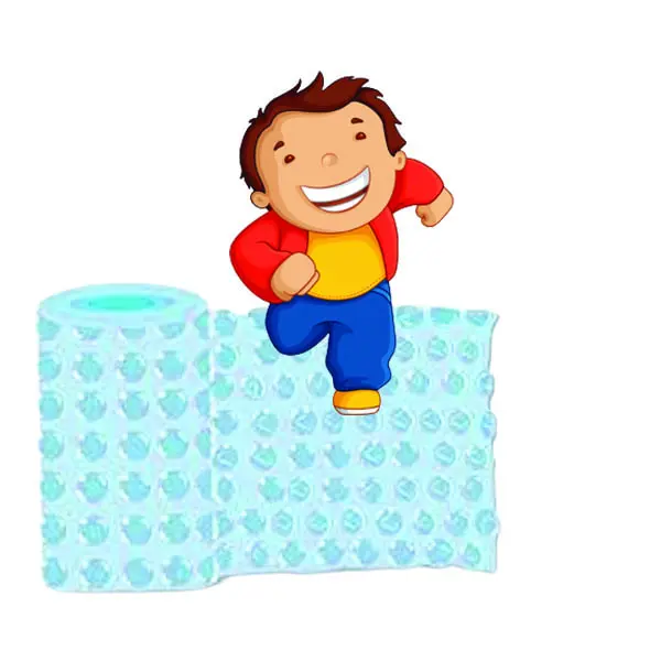 A cartoon child runs across bubble wrap.