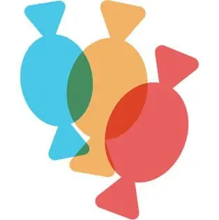 Three stylized candies in blue, orange, and red.