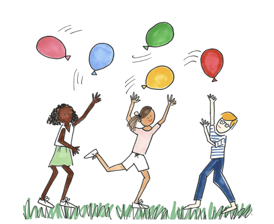 Three children jump to catch balloons outdoors.