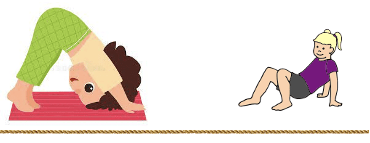 Two children perform yoga poses on a mat and on the floor next to a rope.