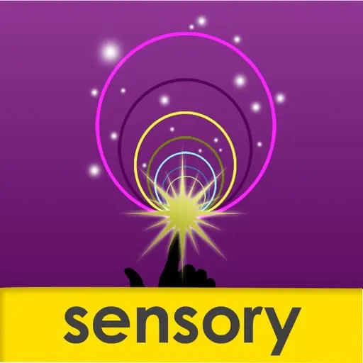 A finger touches a glowing starburst in the center of concentric circles with sparkling lights against a purple background, with "sensory" in yellow at the bottom.
