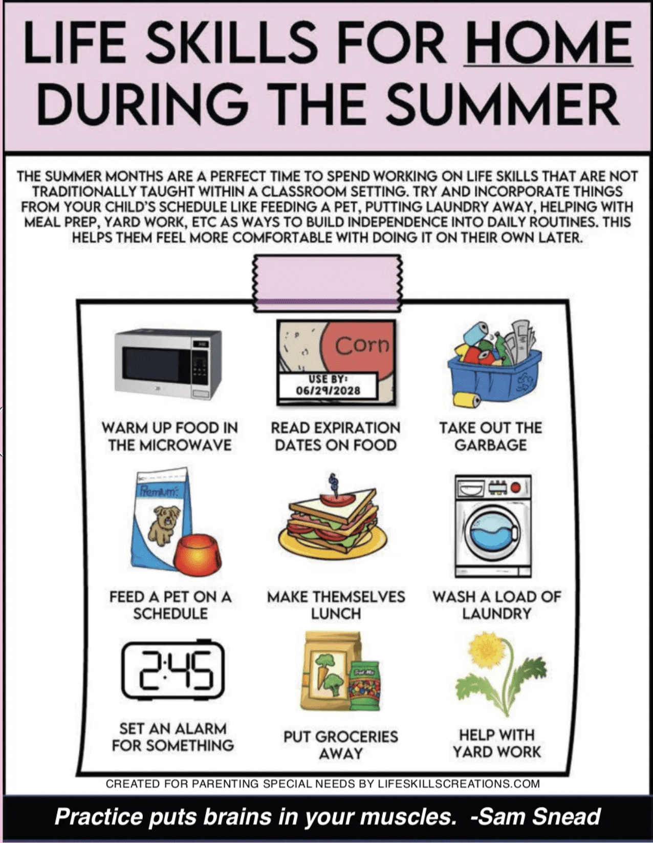 Infographic detailing life skills for home during the summer, including warming up food, reading expiration dates, taking out the garbage, feeding a pet, making lunch, washing laundry, setting alarms, putting away groceries, and yard work.
