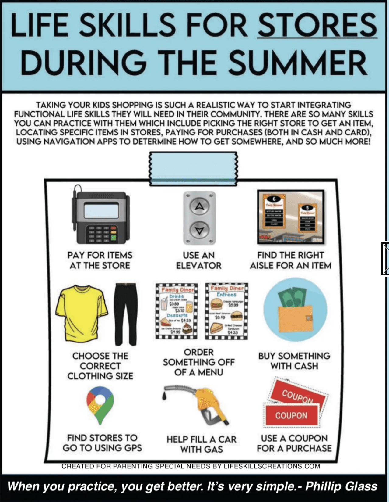 Infographic listing life skills for stores during the summer, including paying for items, using an elevator, and finding the right aisle.