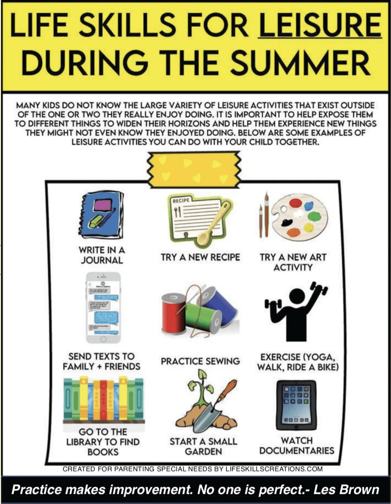 Infographic titled "Life Skills for Leisure During the Summer" with examples like journaling, trying new recipes, and exercise.