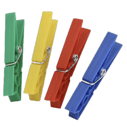 Four colored clothespins: green, yellow, red, and blue.