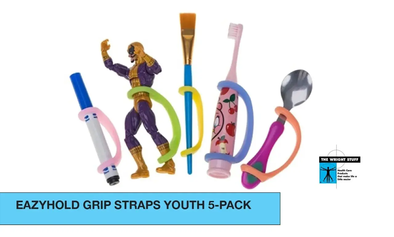 Eazyhold Grip Straps Youth 5-Pack shown with a toy action figure, paintbrush, toothbrush, and spoon.