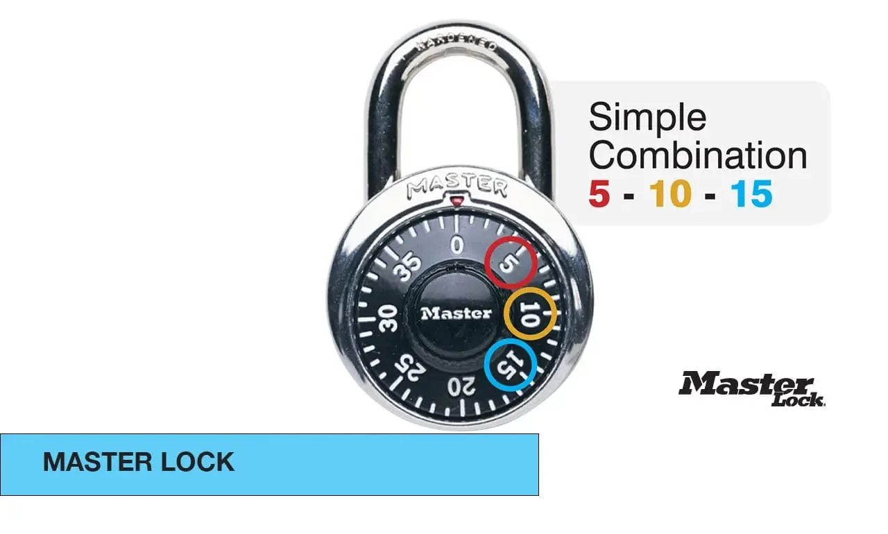 Master Lock combination padlock with numbers 5, 10, and 15 highlighted.