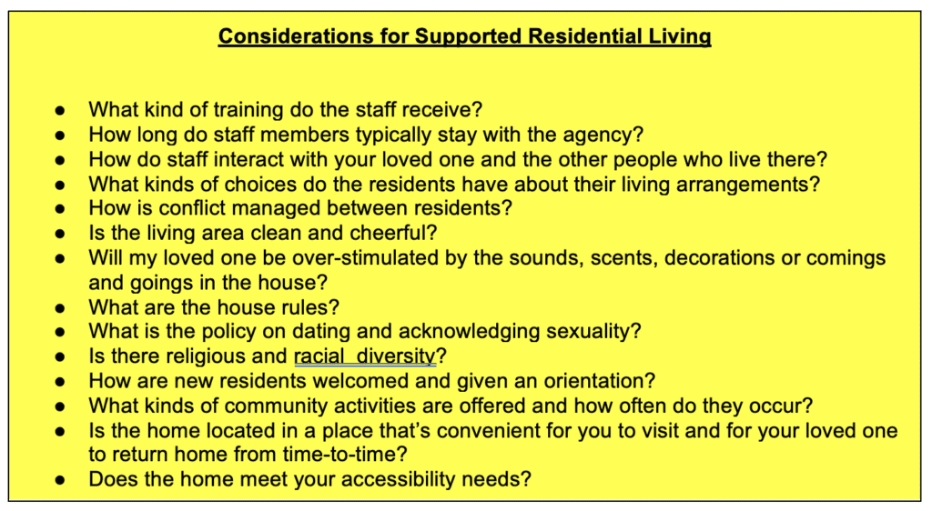 List of questions regarding considerations for supported residential living