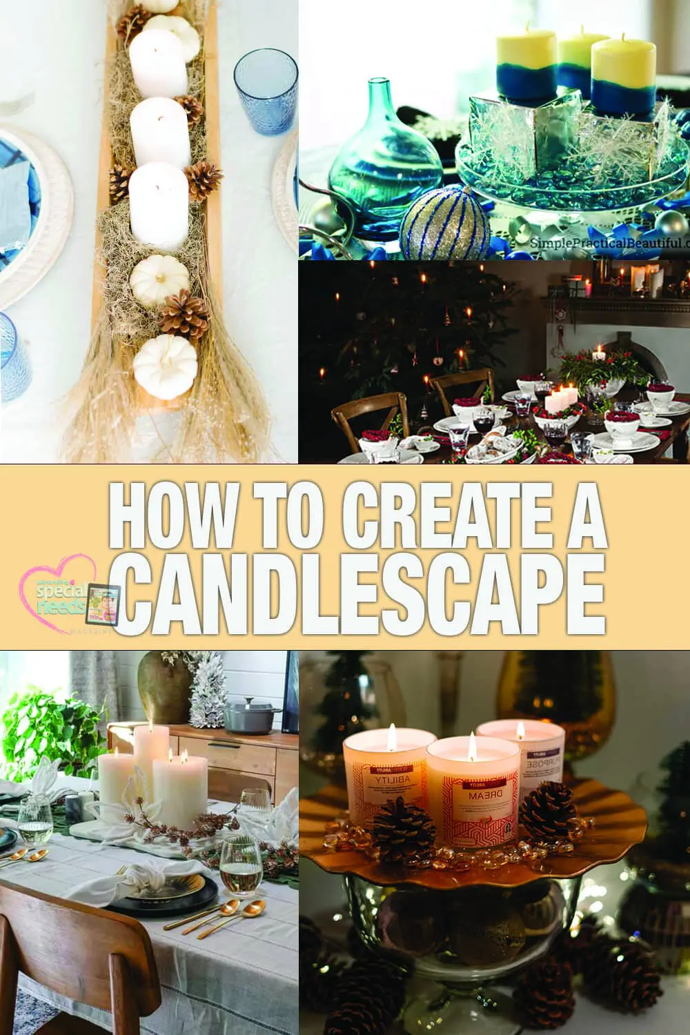Collage of four images showcasing various candle arrangements and table settings for a "CandleScape.