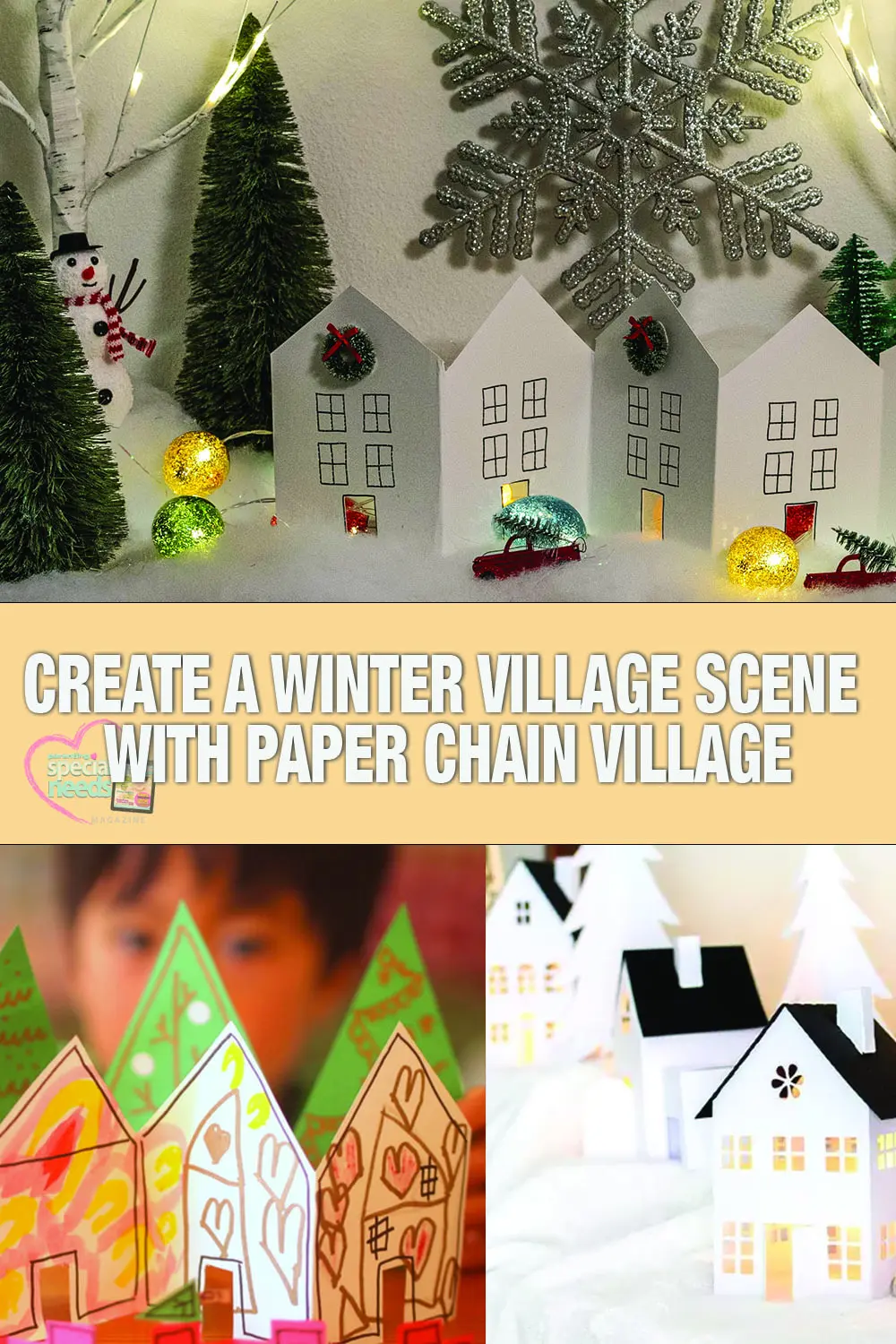 Paper houses in a winter village scene with festive lights.