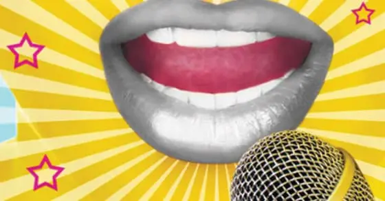 Mouth singing into a microphone with stars and a sunburst background.