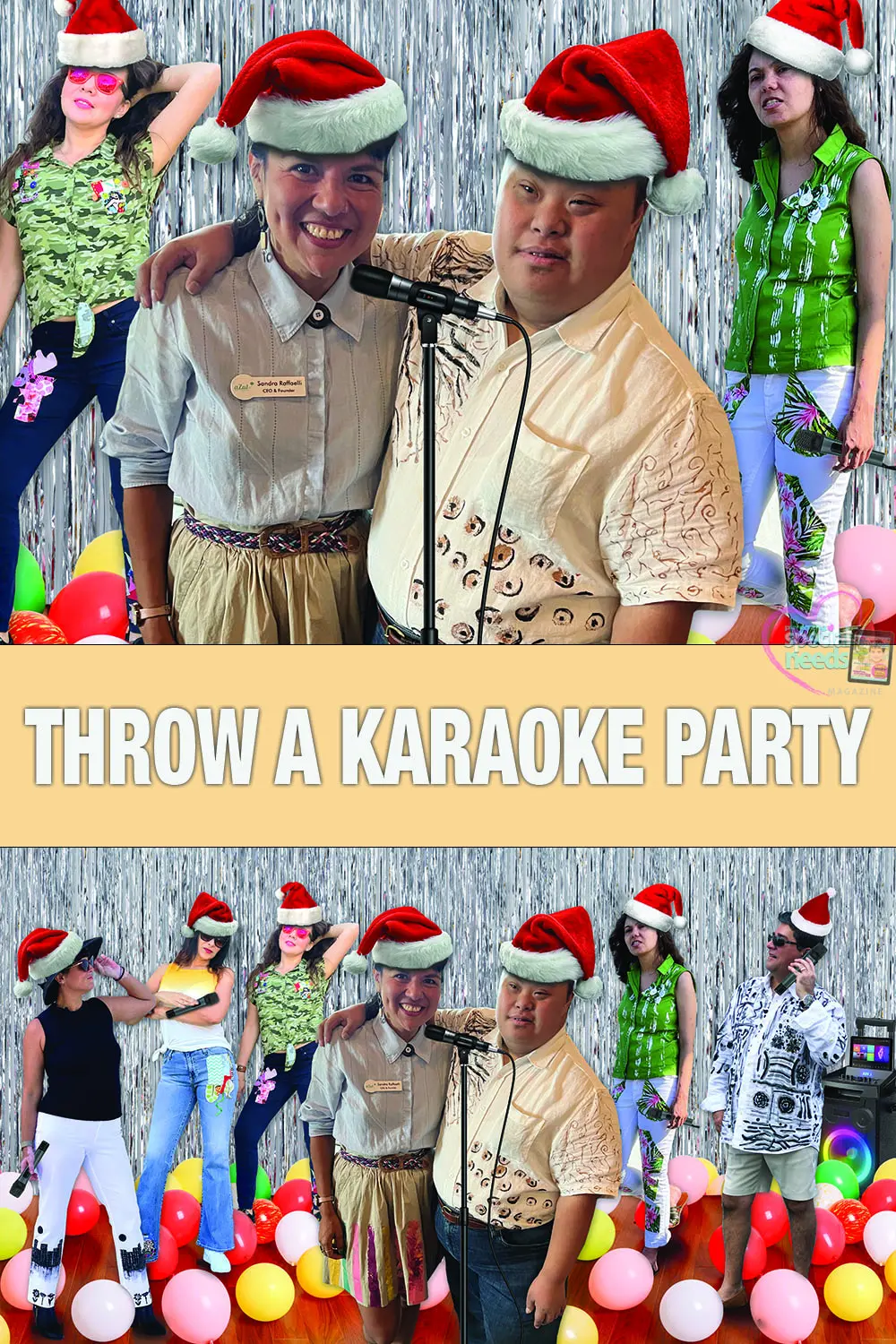 People in Santa hats celebrating a karaoke party