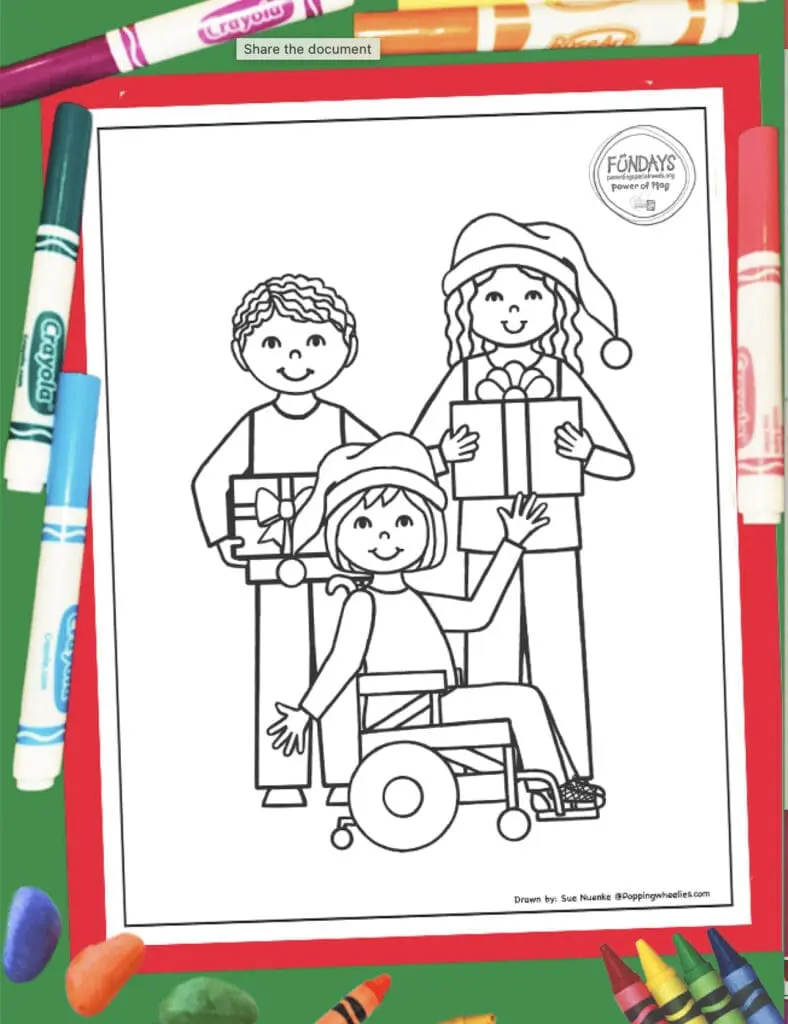Christmas coloring page with three children, one in a wheelchair, holding gifts.