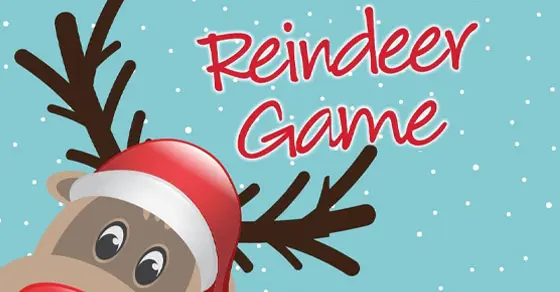 Cartoon reindeer wearing a Santa hat with the text "Reindeer Game