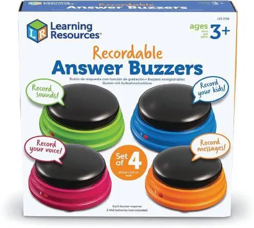 Four recordable answer buzzers in green, blue, pink, and orange, each with a speech bubble.