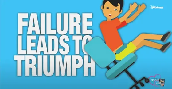 A cartoon boy in an office chair falls backwards as the words "FAILURE LEADS TO TRIUMPH" are displayed.