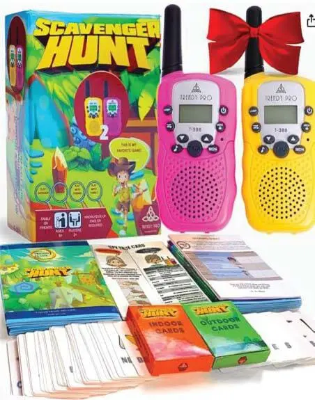 Scavenger Hunt game box with two walkie-talkies, a bow, and game cards.