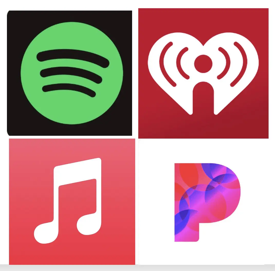 Spotify, iHeartRadio, Apple Music, and Pandora app logos.