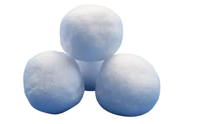 Three white, fluffy, fake snowballs stacked on a white background.