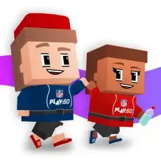 Two blocky cartoon figures in NFL PLAY 60 shirts and hats, one holding a water bottle.