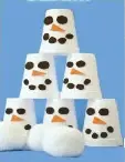 White cups stacked and decorated to look like snowmen faces.