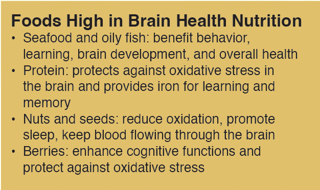Foods high in brain health nutrition: seafood, protein, nuts, seeds, and berries.