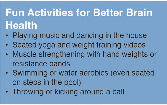 List of fun activities for better brain health including playing music, seated yoga, swimming, and throwing a ball.