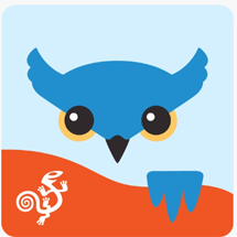 Blue owl with large eyes and orange and white lizard on a red background