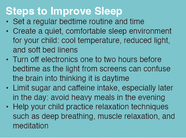 Steps to improve sleep: establish a routine, create a comfortable environment, turn off electronics, limit sugar and caffeine, and practice relaxation.