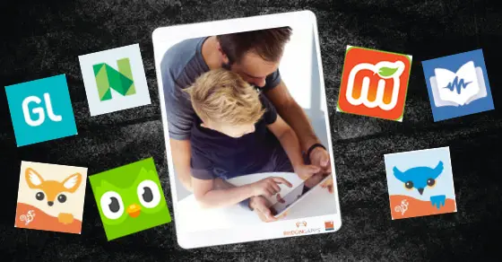 Various app icons surround a tablet displaying a man and child using a digital device.