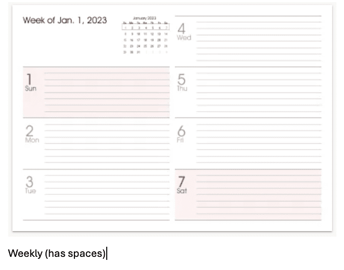Weekly planner page showing dates 1-7 for January 2023