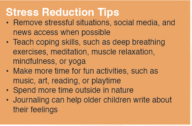 A list of stress reduction tips including removing stressors, teaching coping skills, making time for fun, spending time in nature, and journaling.