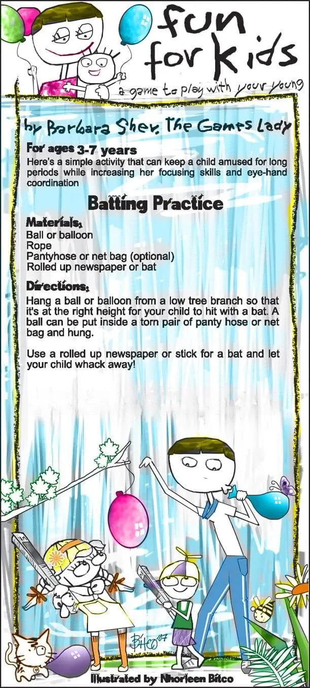 Illustration of children playing batting practice with balloons and sticks.