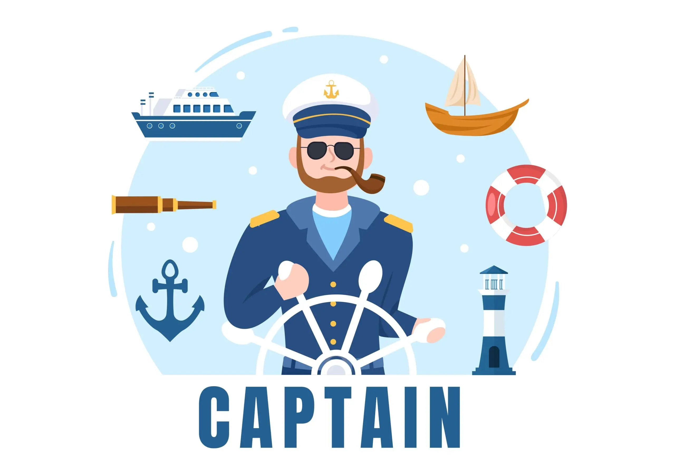 Captain at a ship steering wheel surrounded by nautical icons including a lighthouse, anchor, and life preserver.
