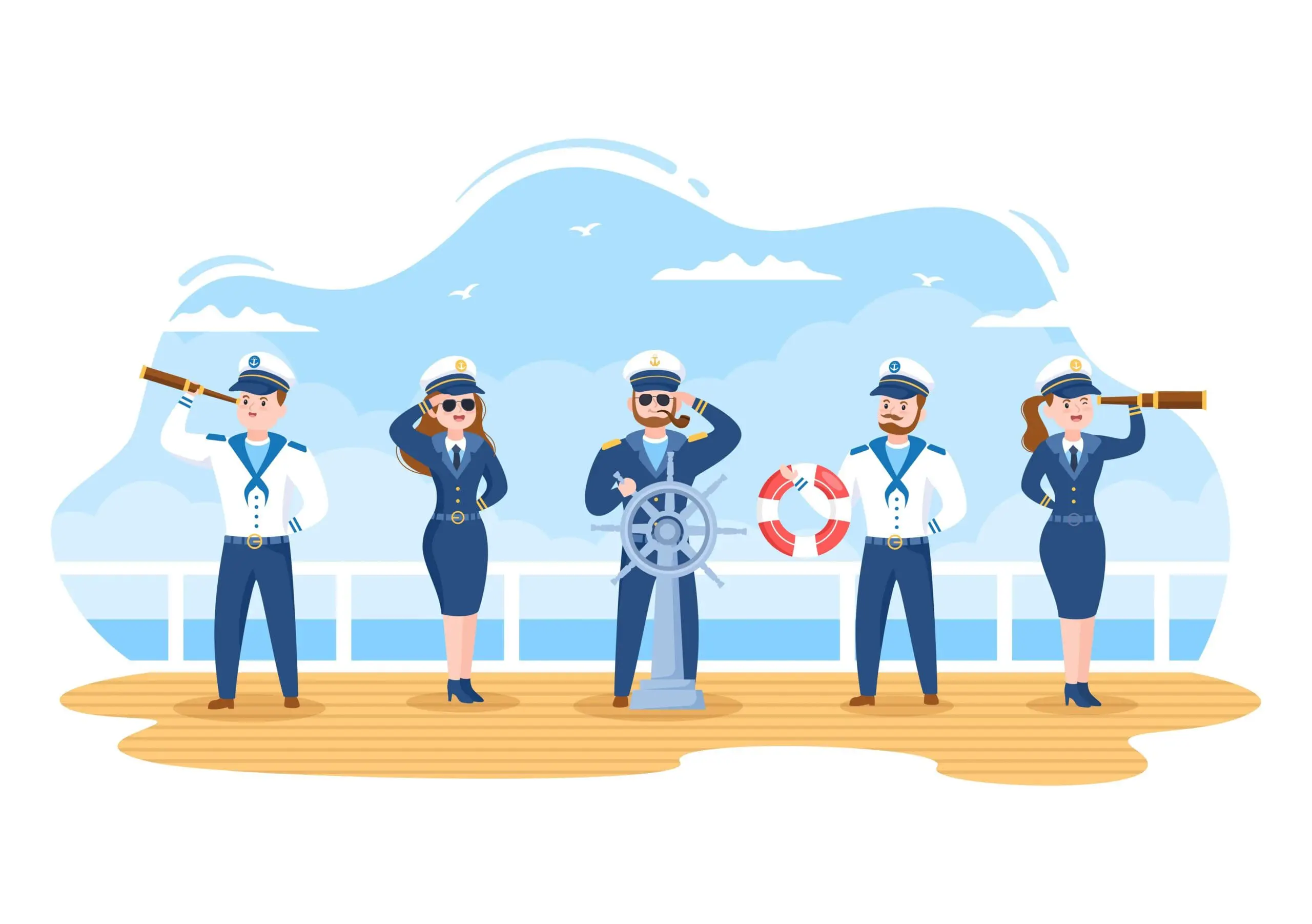 Five people in sailor uniforms stand on a deck with a ship's wheel and life preserver.
