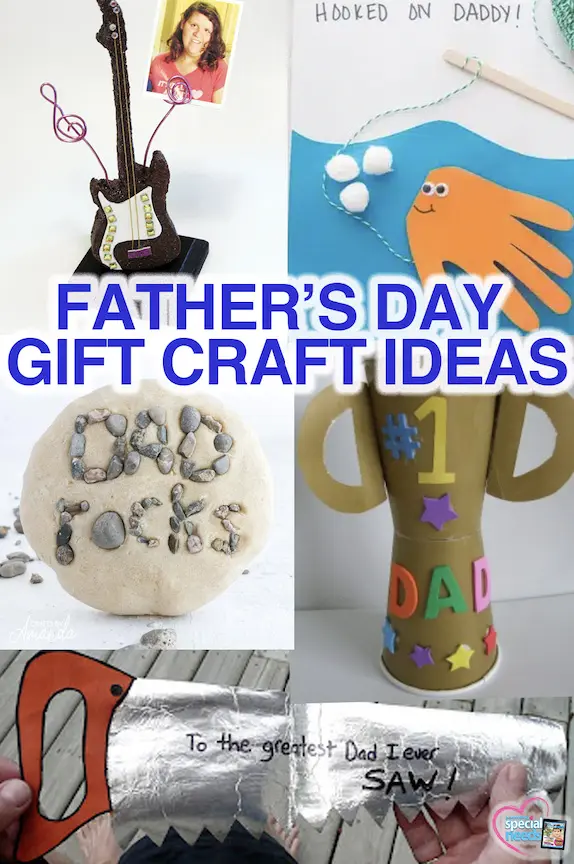 Collage of Father's Day craft ideas including a guitar, a handprint card, a paperweight, and a trophy.