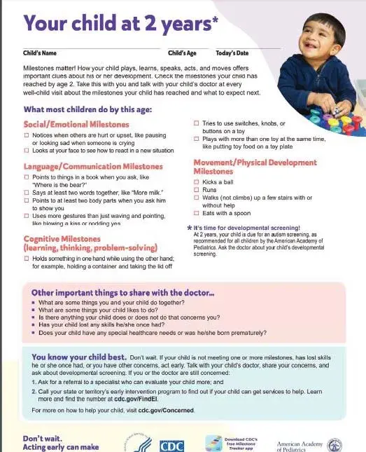 CDC developmental milestones checklist with a child in the upper right corner.
